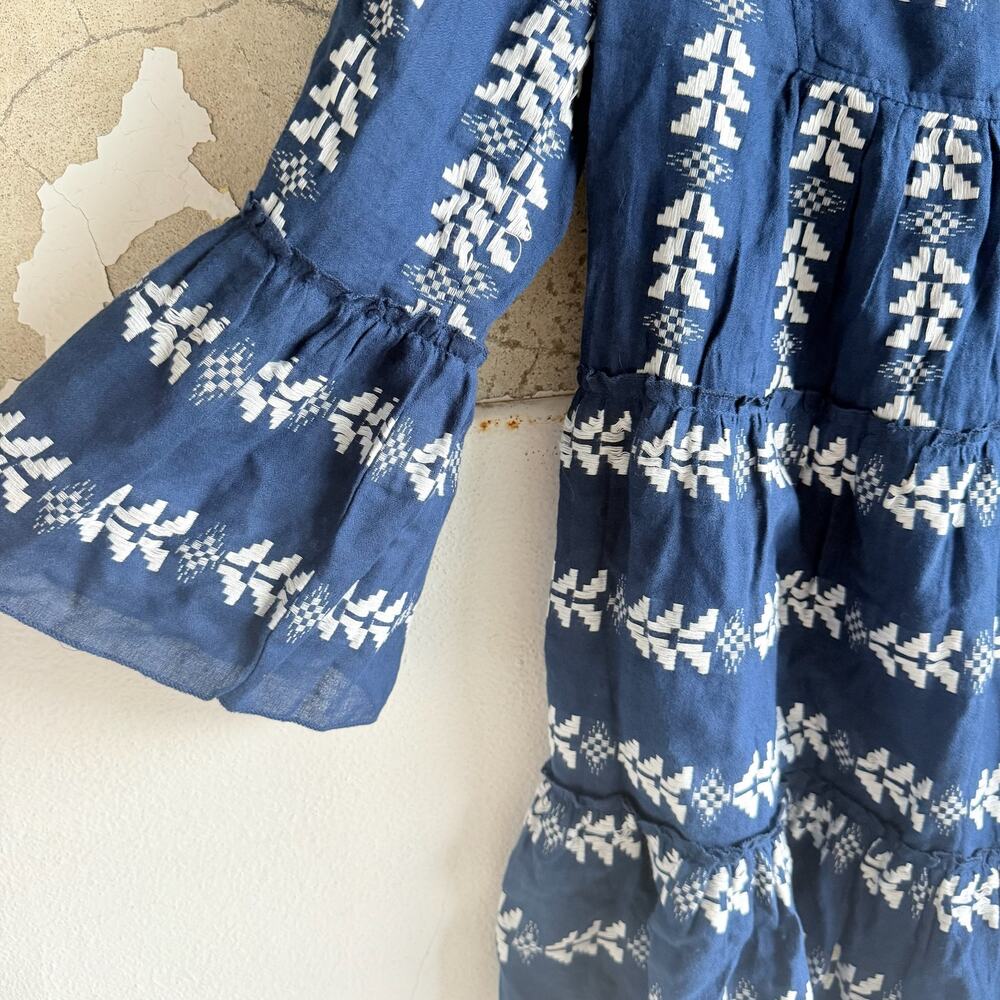 Elan Boho Embroidered Cotton Mini Dress Navy Tiered Cottagecore Indie‎ M - Picture 4 of 8